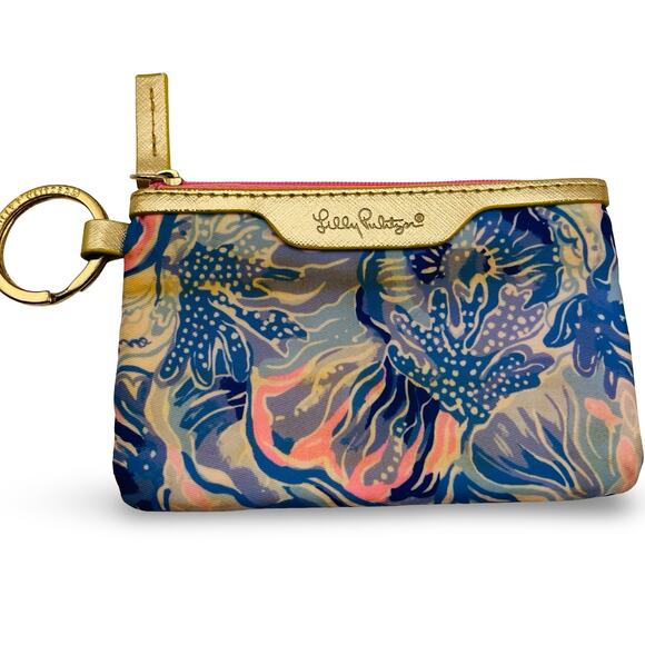 Lilly Pulitzer ID Case Wallet Pink Blue Floral Shade Seekers Keychain Mini Zip - Picture 11 of 11
